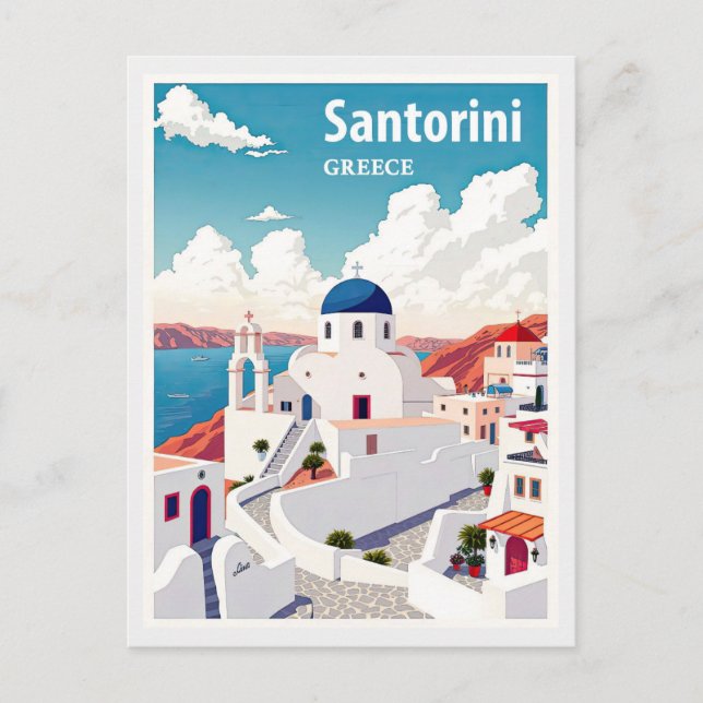 Vintag Santorini Griechenland Blauer Kirchenausflu Postkarte (Vorderseite)