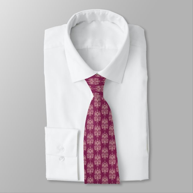 Vintag Satin Burgundy & Pink Damask Necktie Krawatte (Gebunden)