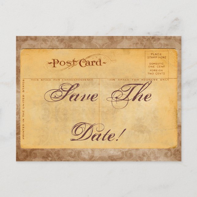 Vintag Save the Date! Damask Einladung Postkarten (Vorderseite)