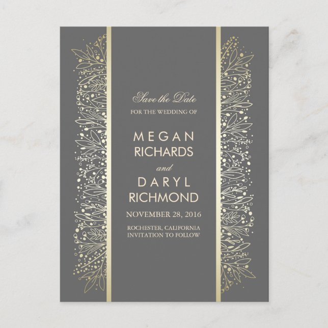 Vintag Save the Date - Gold Gipskraut Filigree Ankündigungspostkarte (Vorderseite)