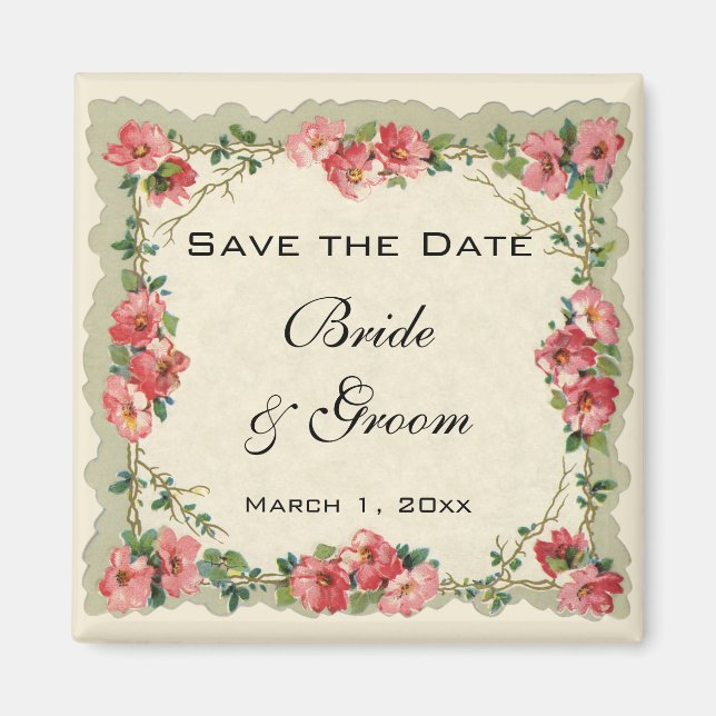 Vintag Save the Date, rosafarbene Blume Blumenblüm Magnet (Vorne)