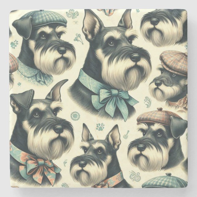 Vintag Schnauzer Nahtlose Illustration Steinuntersetzer (Vorderseite)