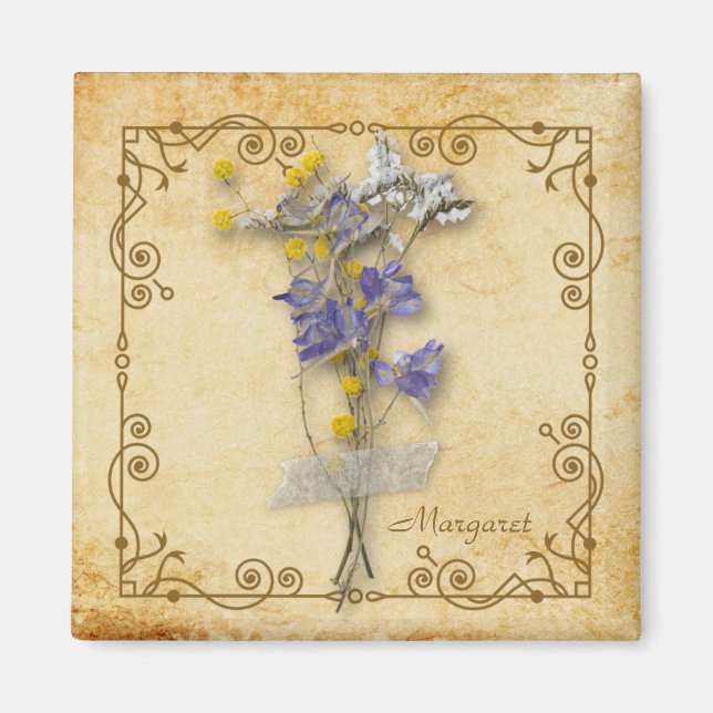 Vintag schöne Beige Getrocknete Blume mit Namen Magnet (Vorne)