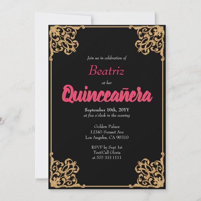 Vintag Schwarz-Gold-Barockrahmen Rosa Quinceañera Einladung (Vorderseite)