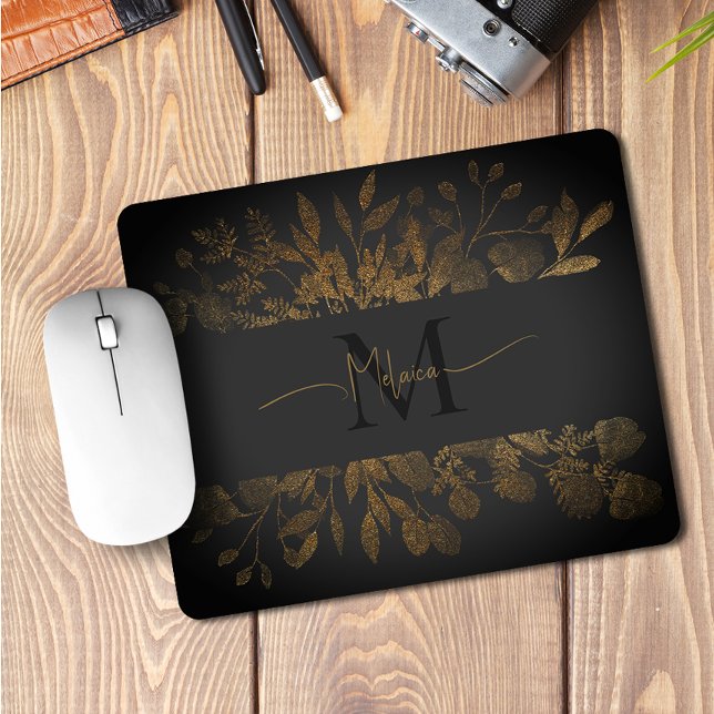 Vintag Schwarz-Grau-Gold-Glitzer-Blumenmonogramm Mousepad (Von Creator hochgeladen)
