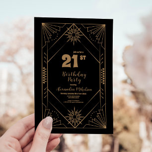 Vintag Schwarz und Gold Art Deco 21. Geburtstag Einladung