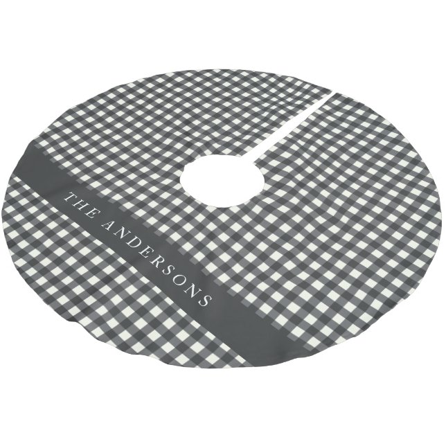 Vintag Schwarz und Weiß Gingham Kariert Personalis Polyester Weihnachtsbaumdecke (Schrägansicht)