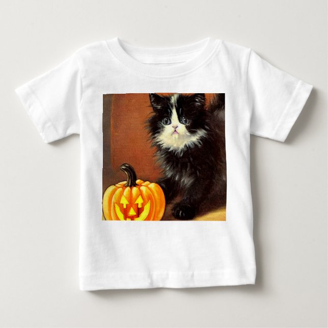 Vintag Schwarz/Weiß Halloween Kitten Baby T-shirt (Vorderseite)