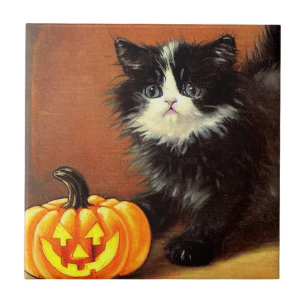 Vintag Schwarz/Weiß Halloween Kitten Fliese