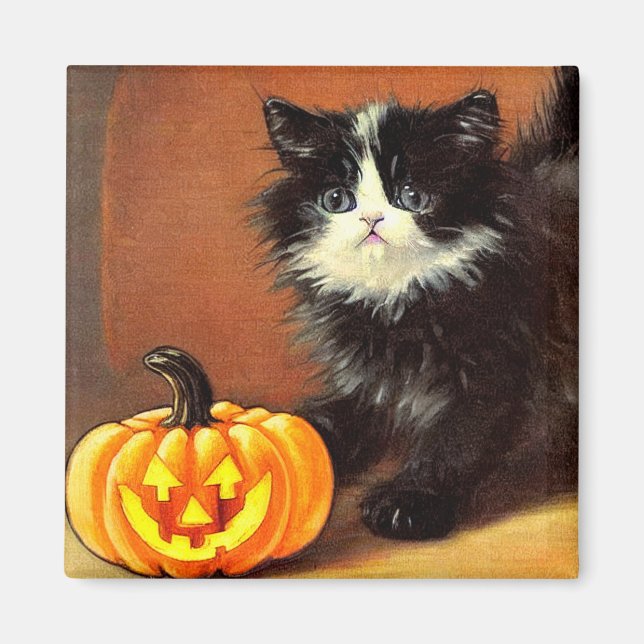 Vintag Schwarz/Weiß Halloween Kitten Magnet (Vorne)