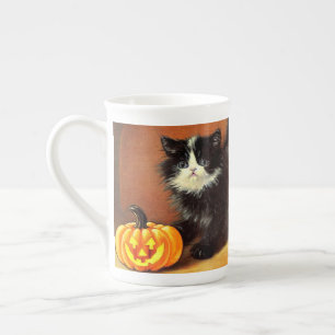 Vintag Schwarz/Weiß Halloween Kitten Prozellantasse