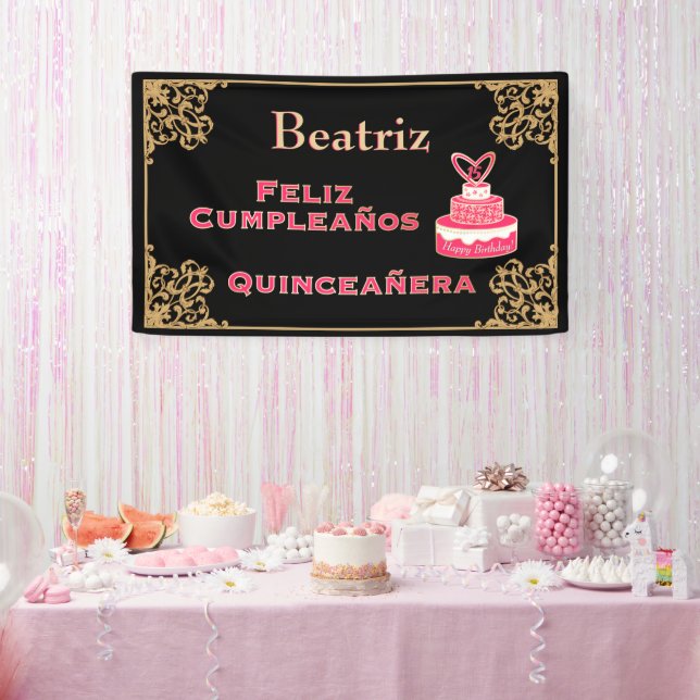 Vintag Schwarzes Gold Barock Pink Cake Quinceañera Banner (Party)