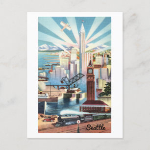 Vintag Seattle Skyline Travel Postcard Postkarte