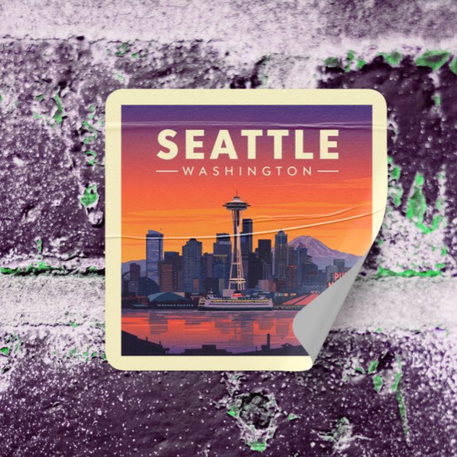 Vintag Seattle Washington Quadratischer Aufkleber (Von Creator hochgeladen)