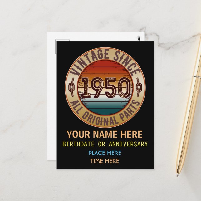 Vintag seit 1950 Alle Originalteile Postkarte (Vorderseite/Rückseite Beispiel)