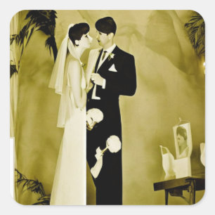Vintag Sepia Art Deco Wedding Quadratischer Aufkleber