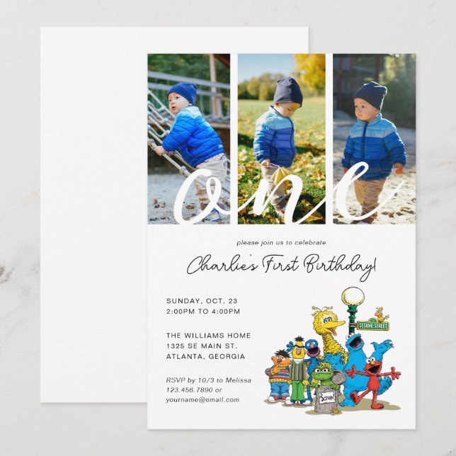 Vintag Sesamstraße Pals | 1. Geburtstag Foto Einladung (Vorne/Hinten)