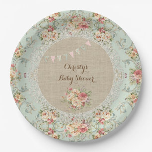 Vintag Shabby Floral Burlap Lace Custom Pappteller