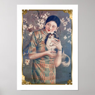 Vintag Shanghai Poster Ad Woman Papillon Dog