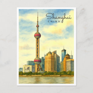 Vintag Shanghai Skyline Watercolor Feiertagspostkarte