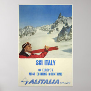 Vintag Ski Italy Alitalia Airlines Travel Poster