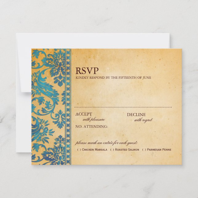 Vintag Sky Blue Damask Lace Wedding RSVP (Vorderseite)