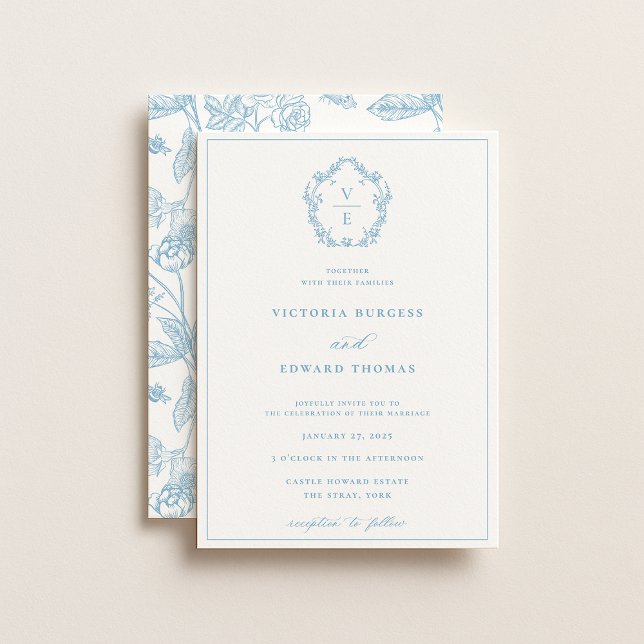 Vintag Sky Blue Wappen Monogram Wedding Einladung (Von Creator hochgeladen)