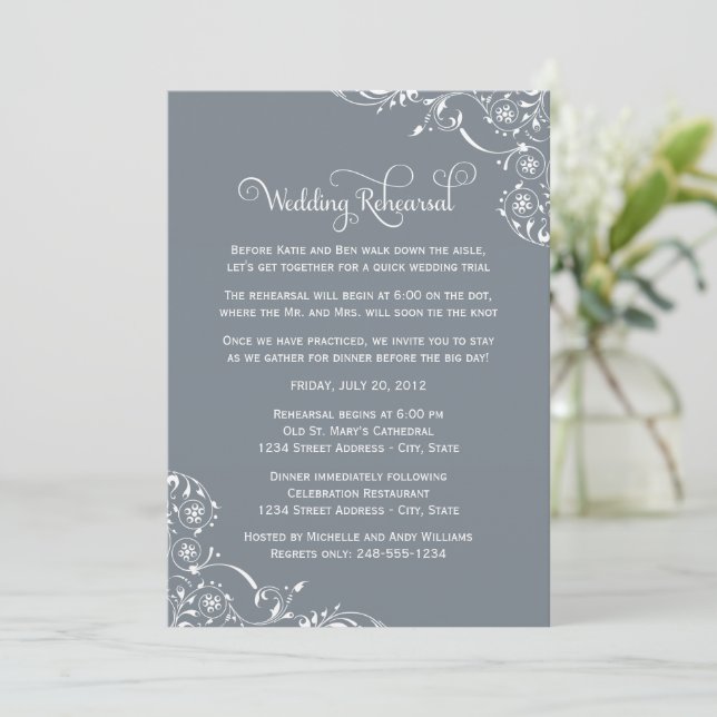 Vintag Slate Scrolls Hochzeit Probe und Abendessen Einladung (Stehend Vorderseite)