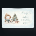 Vintag Snowman Blue Christmas 1. Geburtstagsbanner Banner<br><div class="desc">Niedliches Weihnachtsbanner zum 1. Geburtstag mit einem bezaubernden Schneemann und Weihnachtsbaum in Blau mit Vintagen Farben für einen kleinen Jungen. Personalisieren Sie den Text einfach. Kate Eden Art</div>