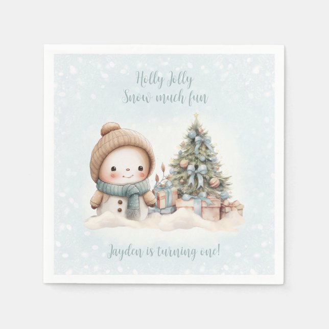 Vintag Snowman Boy Blue Weihnachten 1. Geburtstag Serviette (Vorderseite)