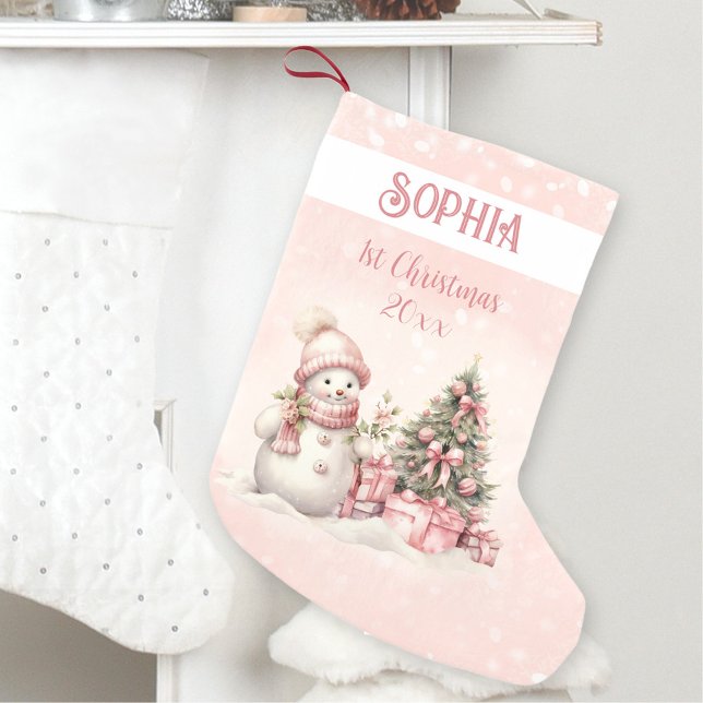 Vintag Snowman Girl Pink 1. Strumpf Kleiner Weihnachtsstrumpf (Vintage Snowman Girl Pink 1st Christmas Stocking)