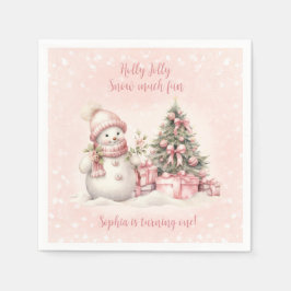Vintag Snowman Girl Pink Weihnachten 1. Geburtstag Serviette