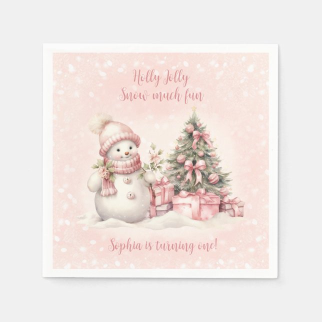Vintag Snowman Girl Pink Weihnachten 1. Geburtstag Serviette (Vorderseite)