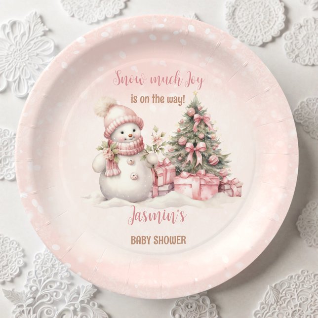 Vintag Snowman Pink Christmas Girl Babydusche Pappteller (Vintage Snowman Pink Christmas Girl Baby Shower Paper Plates)