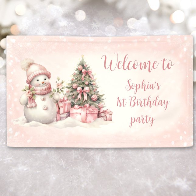 Vintag Snowman Pink Weihnachten 1. Geburtstag Bann Banner (Vintage Snowman Pink Christmas 1st Birthday Banner)
