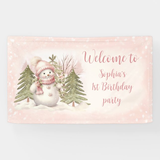 Vintag Snowman Pink Winter 1. Geburtstag Banner (Horizontal)