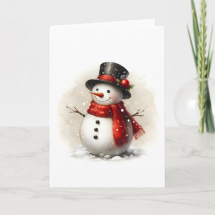 Vintag Snowman Red Scarf Black Hat Blank Holiday Karte