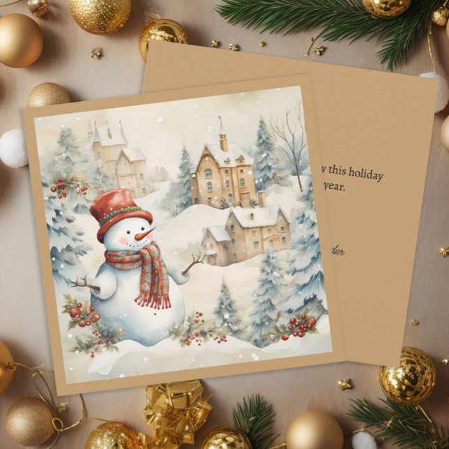 Vintag Snowman Snowy Village Weihnachtsfeiertag Feiertagskarte (Vintage snowman square Christmas greeting card)