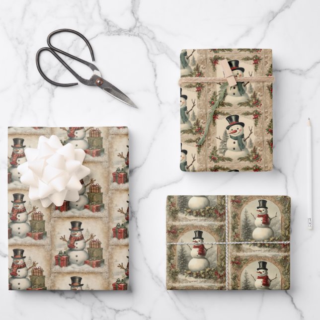 Vintag Snowman Weihnachten Geschenkpapier Set (Vorderseite)