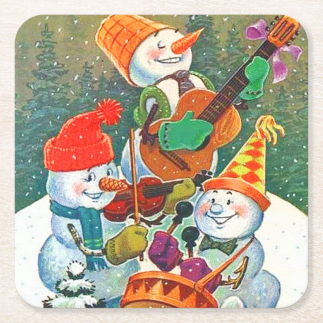 Vintag Snowman Weihnachtsband Rechteckiger Pappuntersetzer (Vorderseite)