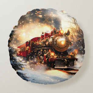 Vintag Snowy Night Weihnachtszug Express Rundes Kissen