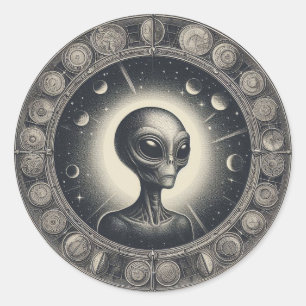 Vintag Space Alien Sci Fi Illustration UFO Runder Aufkleber