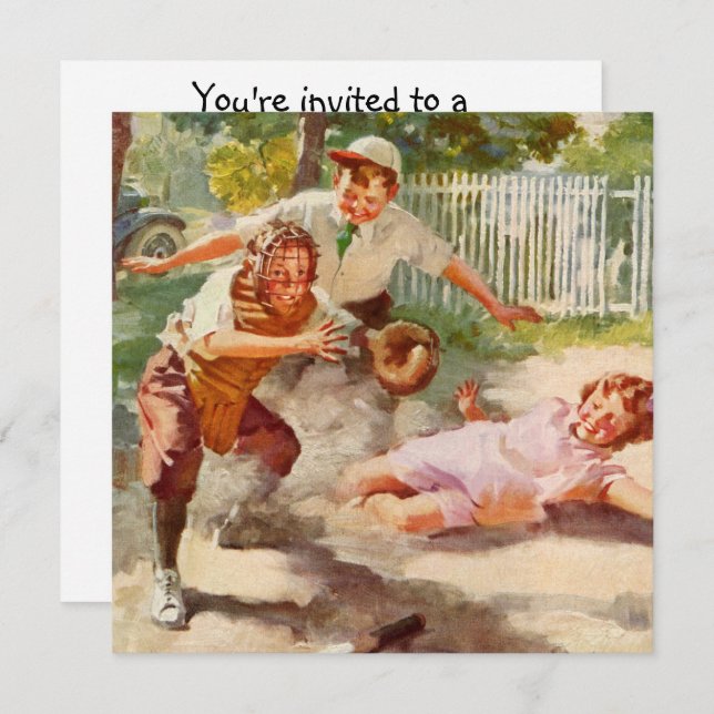 Vintag Sport, Kinder spielen Stickball Baseball Einladung (Vorne/Hinten)