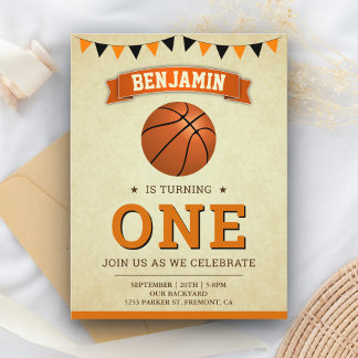 Vintag Sports Basketball 1. Party zum Geburtstag Einladungspostkarte