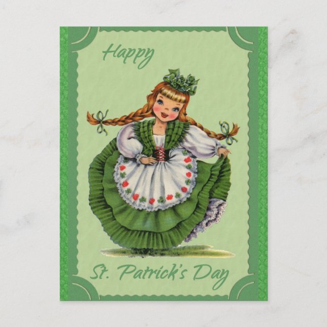 Vintag St Patricks Day Irish Girl Green Postkarte (Vorderseite)