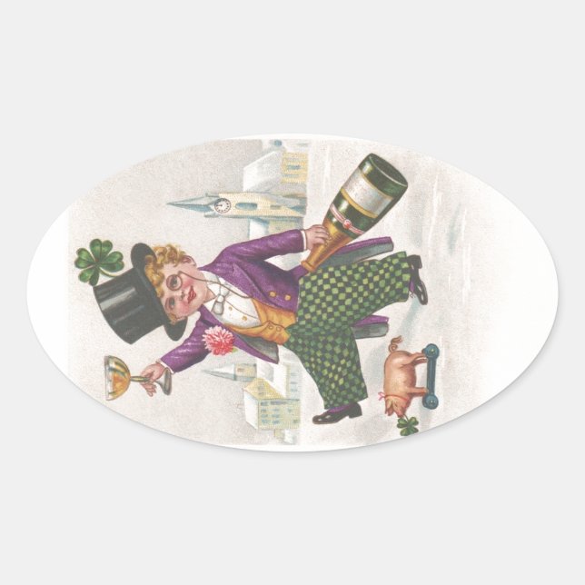 Vintag St Patricks Day Kleeblatt Champagne Ovaler Aufkleber (Vorderseite)