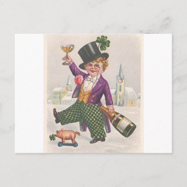 Vintag St Patricks Day Kleeblatt Champagne Postkarte (Vorderseite)