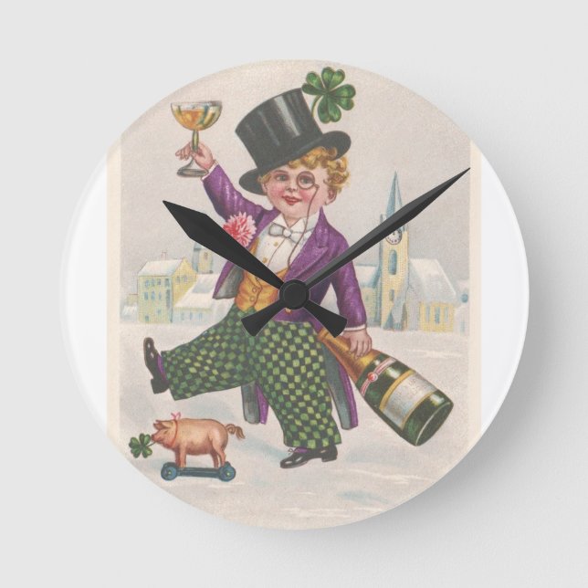 Vintag St Patricks Day Kleeblatt Champagne Runde Wanduhr (Vorderseite)