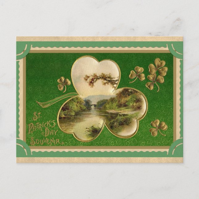 Vintag St Patricks Day Kleeblatt Irland Landschaft Postkarte (Vorderseite)