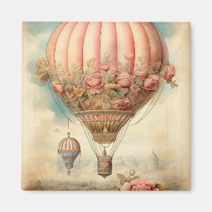Vintag Steampton Pink Floral Hot Air Ballon Magnet